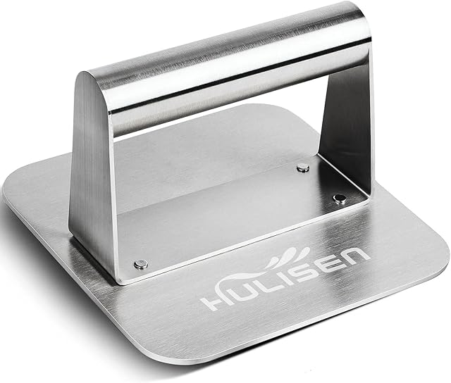 HULISEN Stainless Steel Burger Press, Heavy Duty Burger Smasher, Griddle Accessories Kit-Perfect for Flat Top Griddle Grill Cooking, 5.5 Inch Square Grill Press