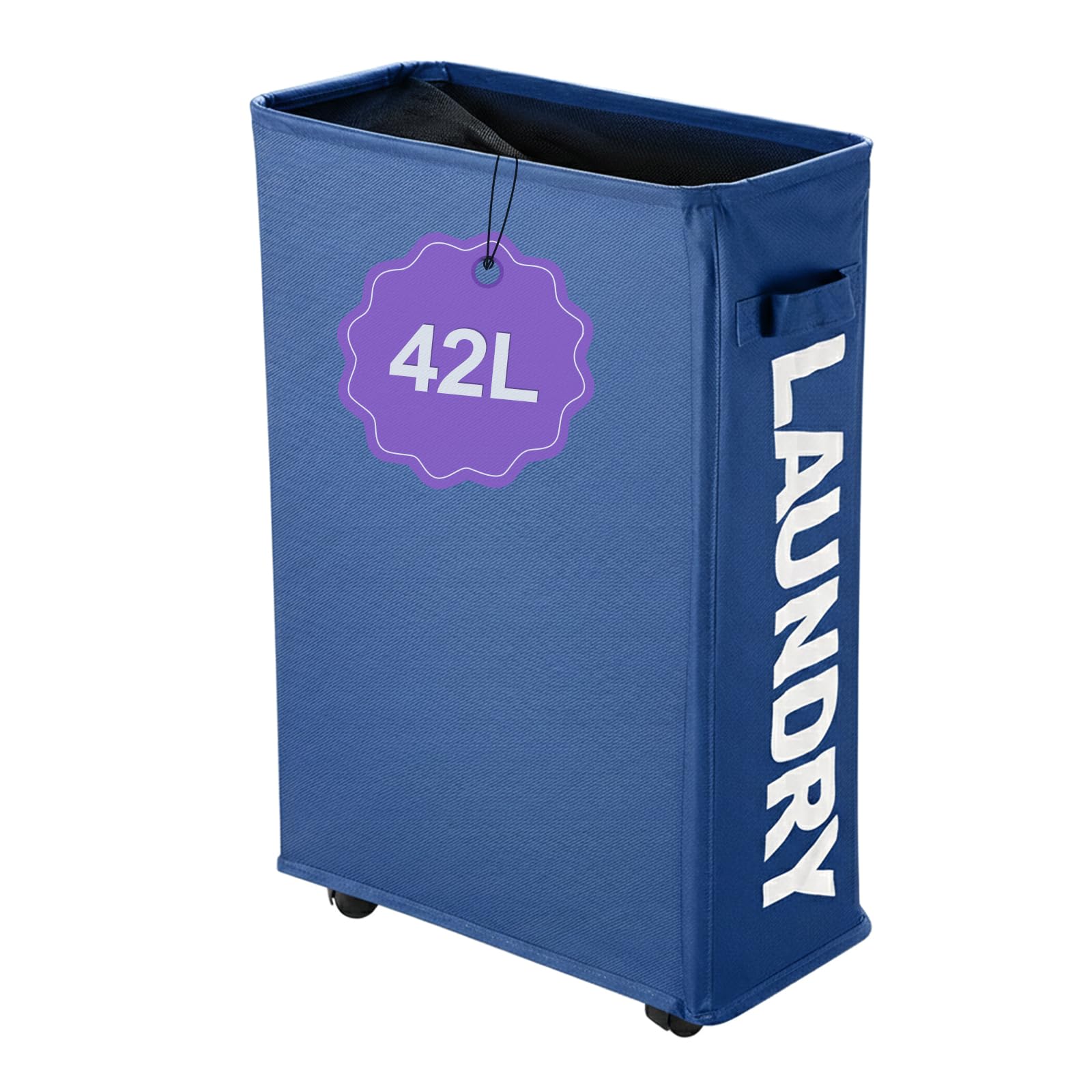 Narrow Laundry Basket with Wheels, 42L Slim Rolling Laundry Hamper with Brake, Collapsible Dirty Clothes Hamper with Mesh Cover &amp; Handle, Storage Bin for Dorm, RV, Small Spaces, Navy Blue