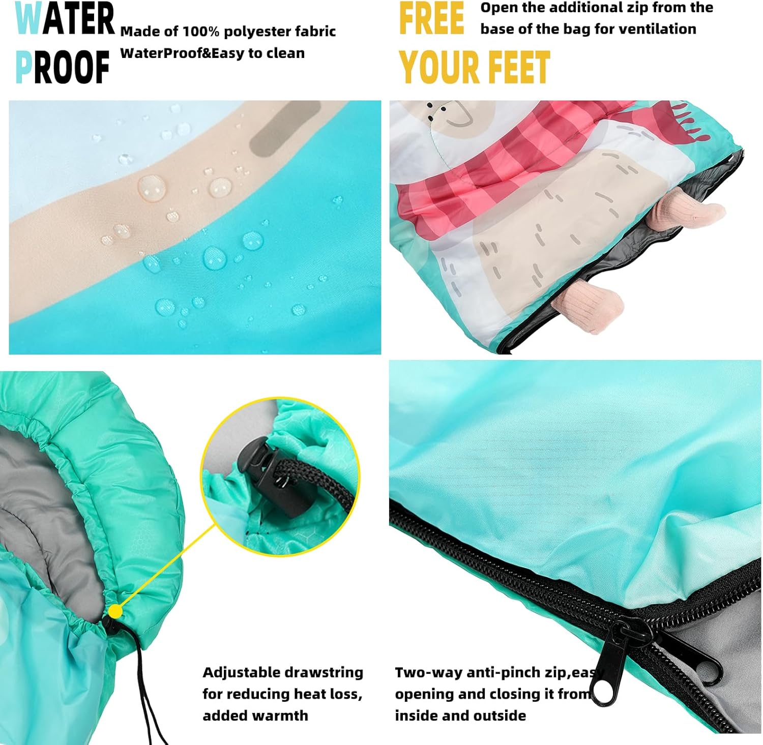Sleeping Bag for Kids,Portable Camping Sleeping Bags for Boys&Girls with Cute Cartoon Print,Lightweight Waterproof Compact Sleeping Bag for Indoor Outdoor Hiking Travel - Image 4