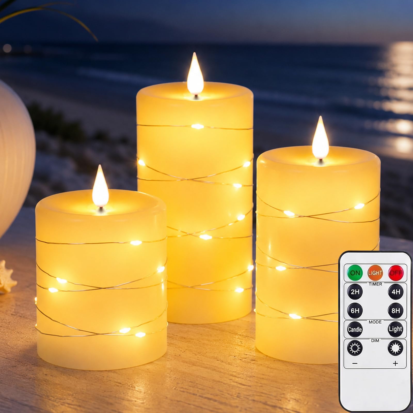 Flameless Candles Light, Set of 3 Flickering LED Candle with Remote & Timer, Dimmable Real Wax Electric Pillar Candles Battery Operated, Candle for Home Wedding Party Holiday Decor (Ivory)