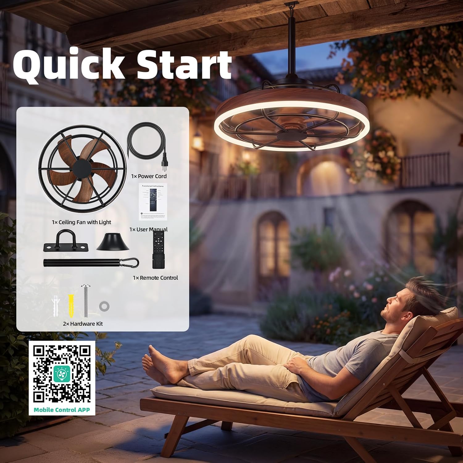Hanging Gazebo Fan with Light, 20" Plug-in Patio Fan with App/Remote Control, Outdoor Ceiling Fan with Light IP65 Waterproof, 3 CCT Light, for Patio, Gazebo, Porch