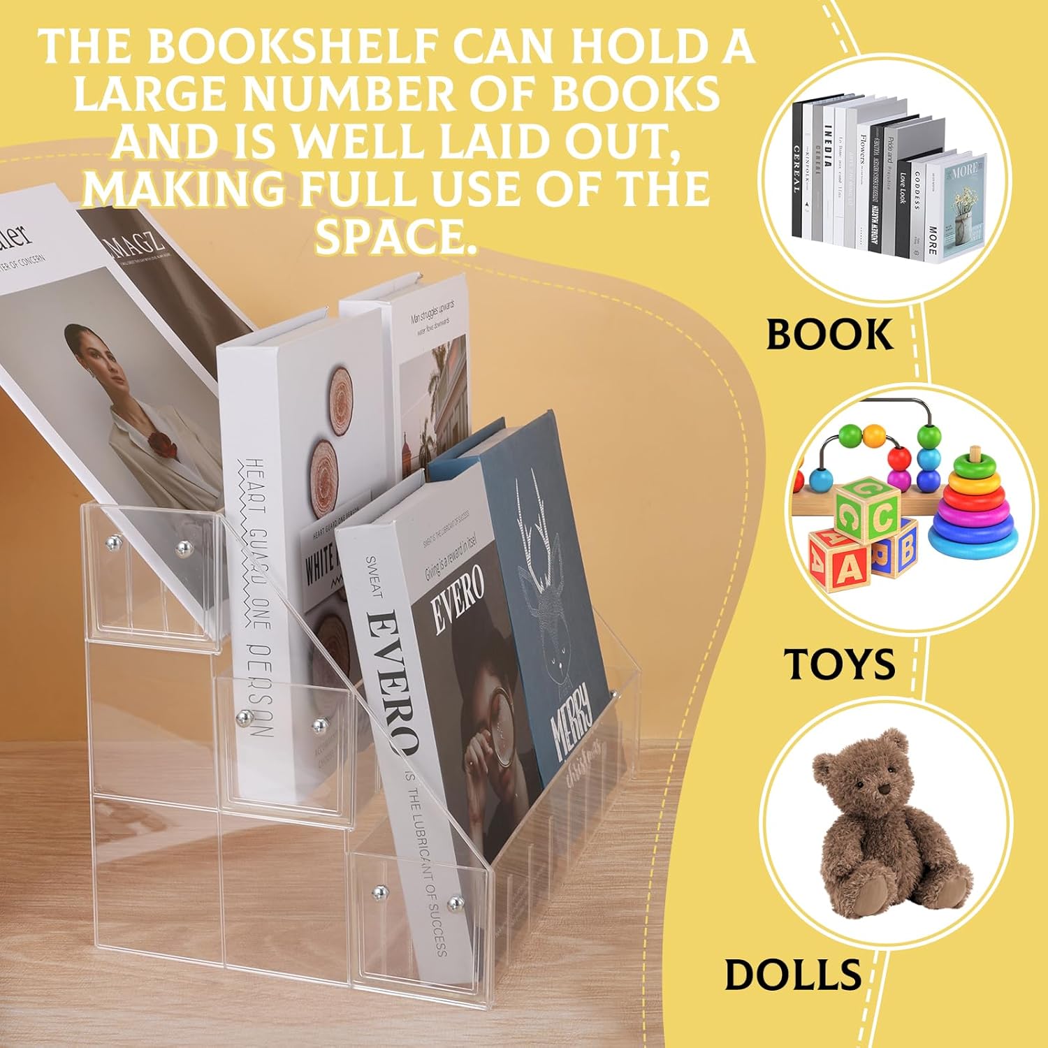 Small Bookshelf 3-Tier Clear Acrylic Book Display Organizer Front Facing Toddler Montessori Style Book Shelf Durable Bookcase for Nursery Room, Playroom, Classroom, and Reading Corner