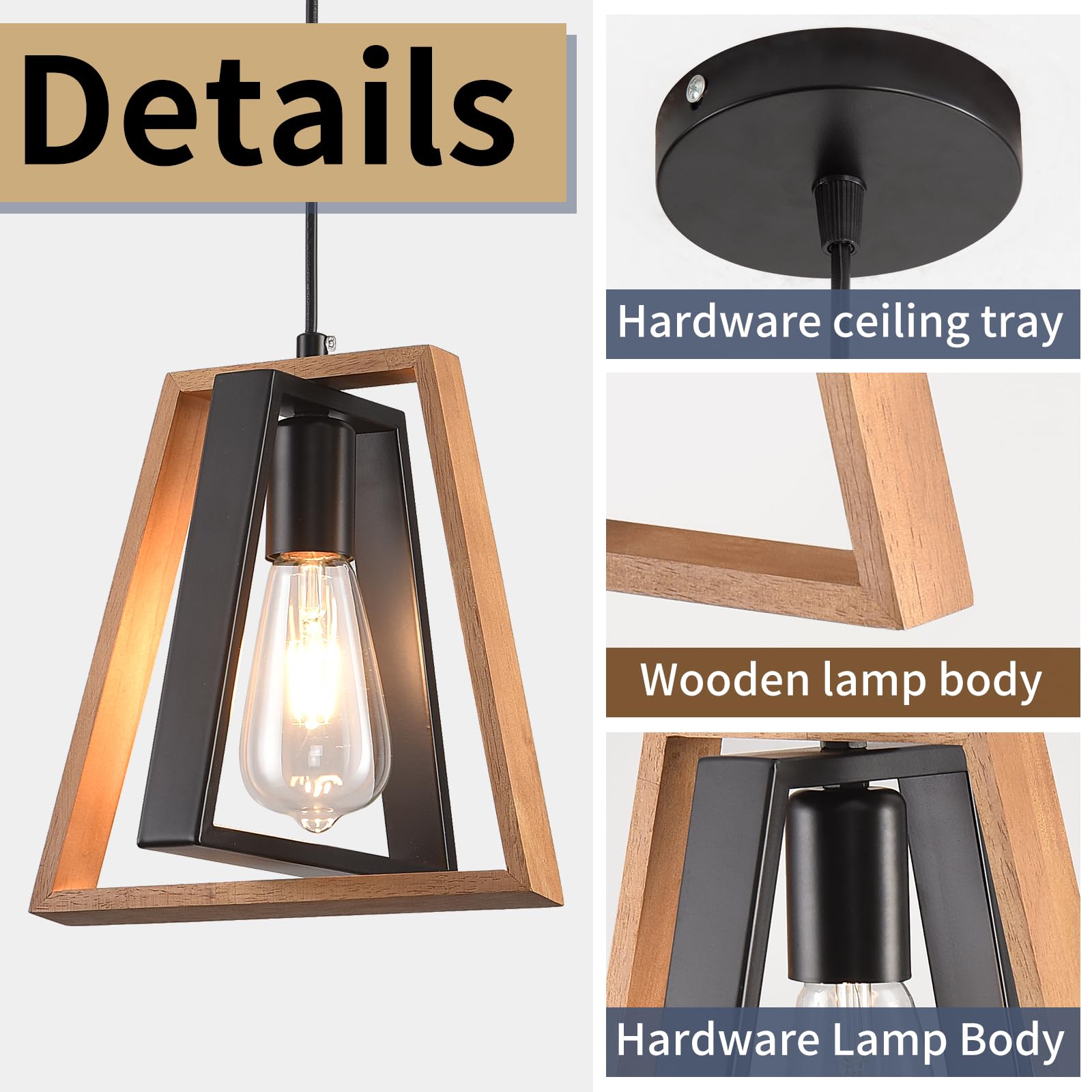 Mikeru Industrial Pendant Light, 24cm Kitchen Island Wooden Pendant Light, Vintage Farmhouse Chandelier - Image 3