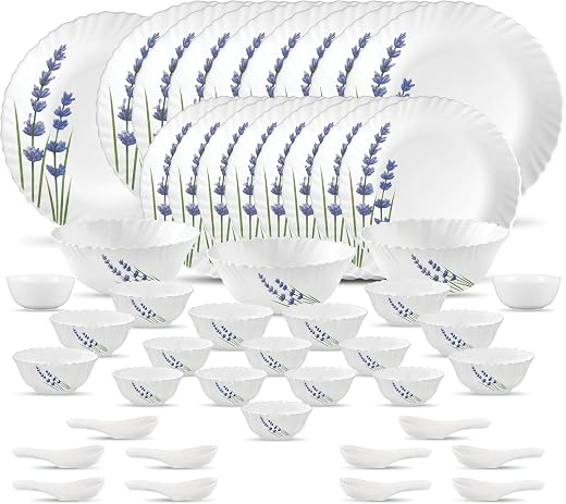 La Opala Novo Collection Opal Glass Crockery | for Family of 8 | Dinner Set 46 pcs English Lavender | Plates &amp; Bowls for D...