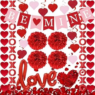 Red Pink BE MINE Banner, LOVE Foil Balloon, Heart Garland, Paper Pom Poms, Hanging Swirls, Rose Petals, Romantic Valentines Party Decor for Home Mantel Wall