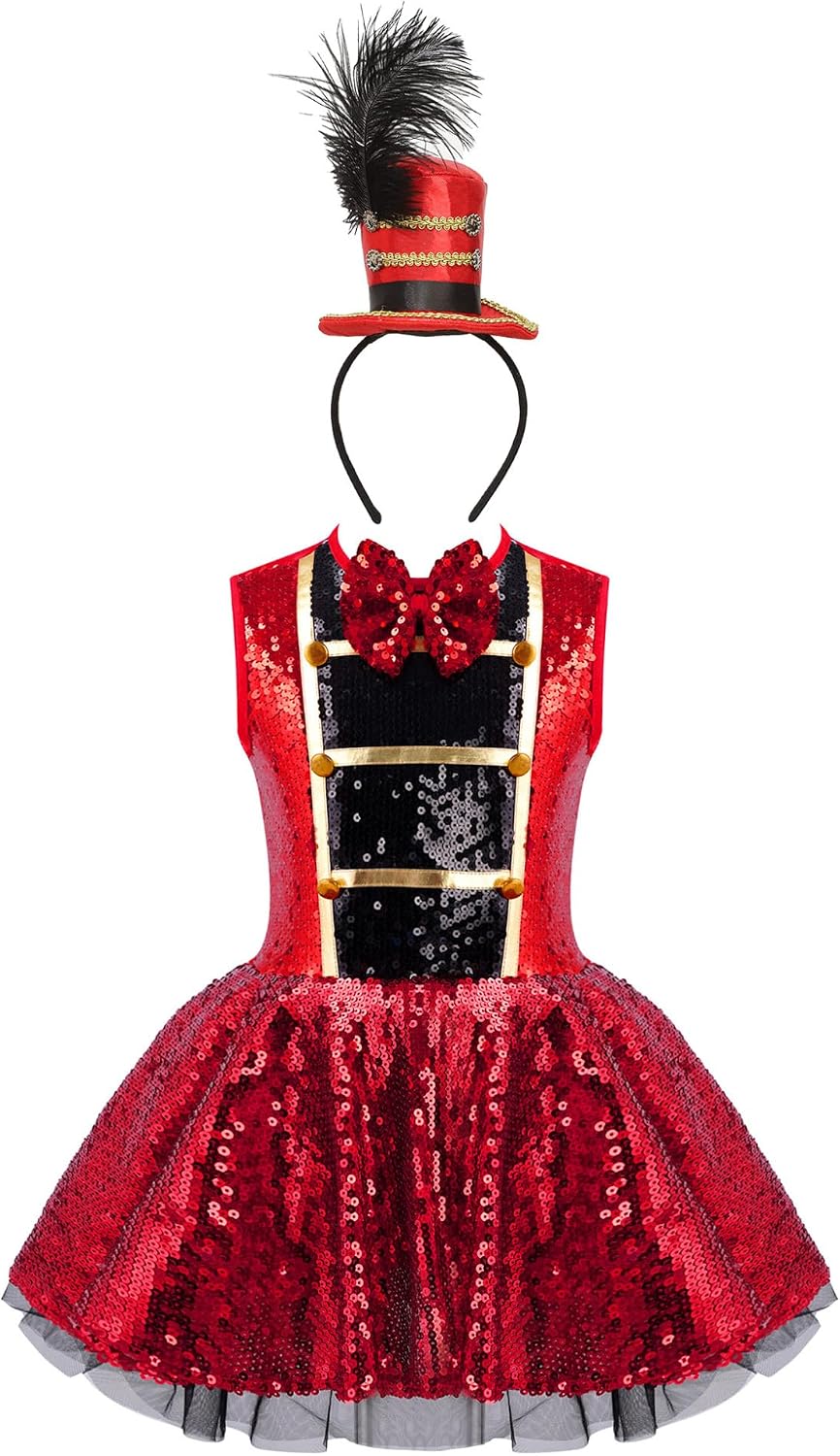 Hansber Kids Girls Sleeveless Shiny Sequins Circus Ringmaster Performance Dance Tutu Dress with Top Hat Headwear