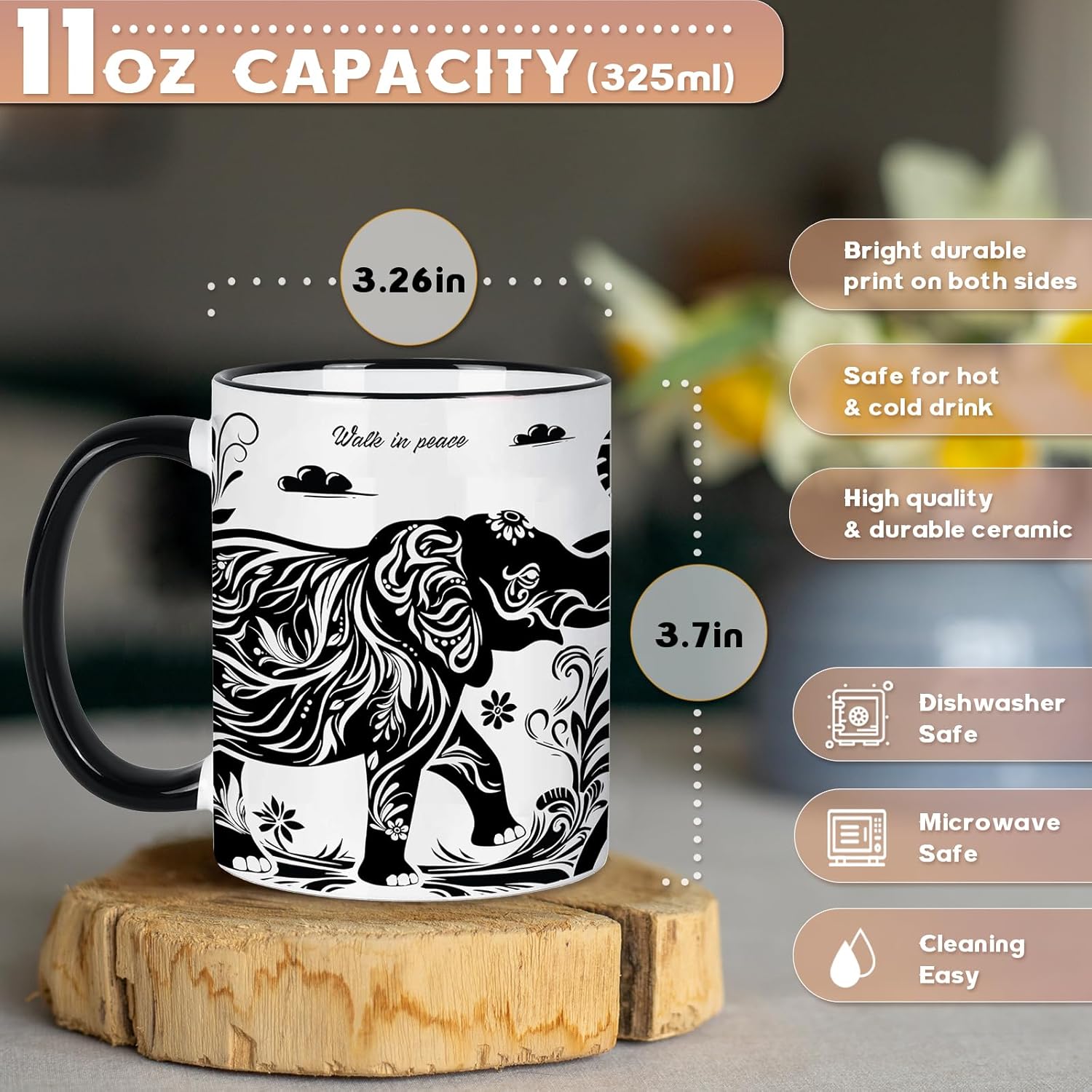 Silkwishes Elephant Gifts for Women, Elephant Mug 11Oz Valentines Day Birthday Gifts for Women, Black and White Boho Mug for Coffee, Tea and Milk, Ceramic Cup Microwave & Dishwasher Safe - Image 2