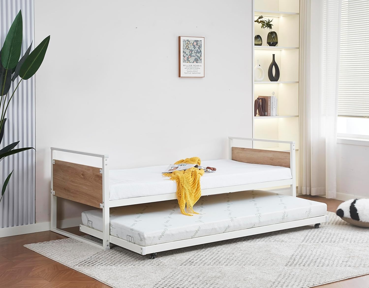 Cama Nido Metálica 90x190 Blanco Madera Natural Estructura con Cabecero y Piecero