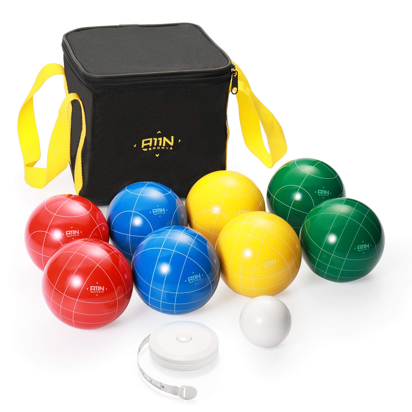 A11N 90mm Bocce Ball Set with 8 Balls in 4 Colors, Pallino, Carrying Bag, and Measuring Tape for Backyard, Lawn, Beach Game