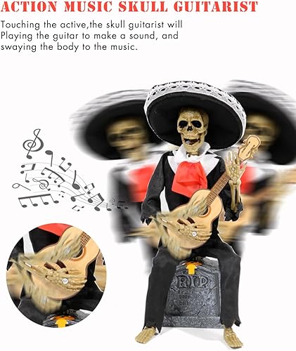 Miniatura 3 de FuinMer Decoraciones de Halloween, banda de mariachi animada, guitarrista de esqueleto en lápida con música, decoración de Halloween para casa