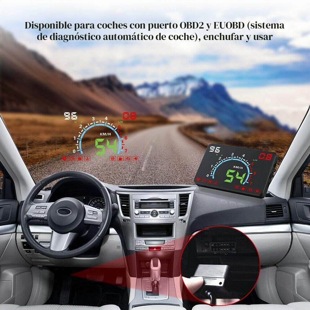 Pantalla de cabeza alta HUD para coche 5.8" OBD2 OBD2 Medidor automático para salpicadero Advertencia de velocidad