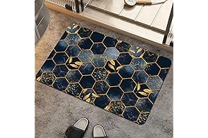 Bath Mat Rug, Black and Blue Honeycomb Marble Non-Slip Rug