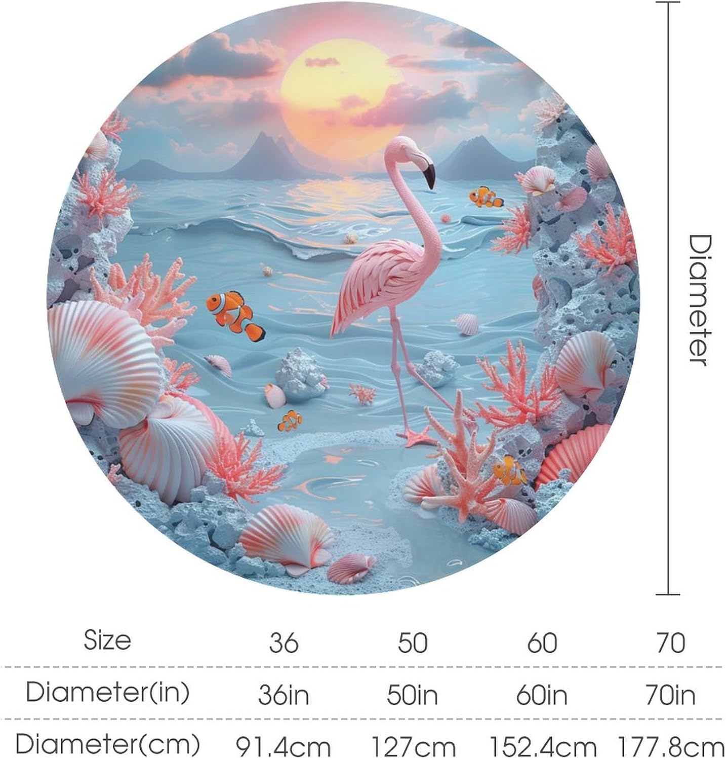 Abstract Coastal Flamingo Round Tablecloth, Washable Ocean Conch Coral Fantasy Table Cloth Holiday Decor Table Cover for Restaurant, Picnic, Dining, 36Inch