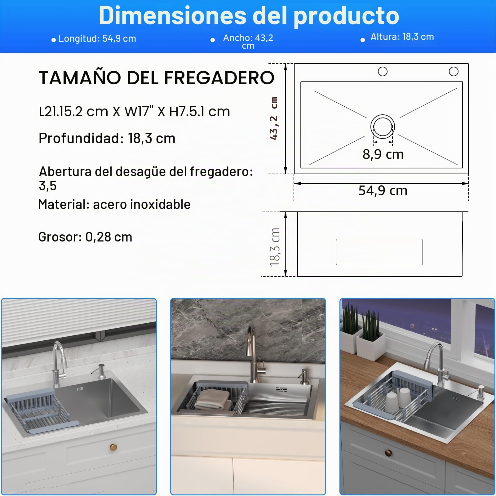 Fregadero Cocina 55 x 43 cm,Fregadero Cocina en Acero Inoxidable,Fregadero Bajo Encimera o Sobre Encimera con Filtro de Drenaje,Sifón e Juego de Desagüe