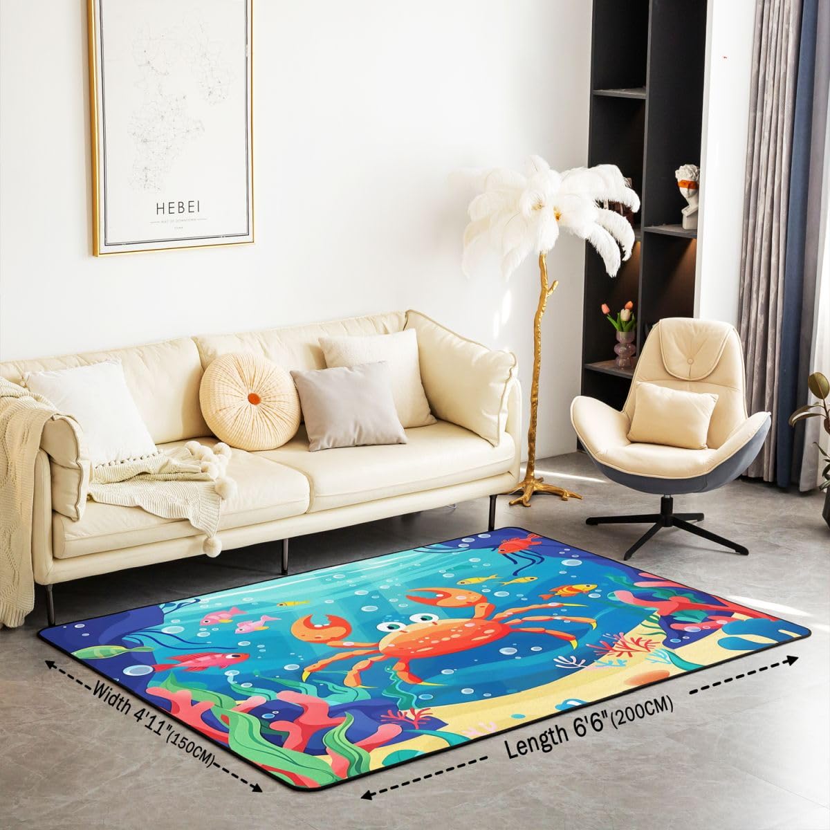 Homewish Cartoon Rote Krabbe Rugs for Living Room 150x200 | Unterwasser Korallenpflanzen Teppich Dekor Krabbe Schlafzimmer Teppiche Ozean Küste Wohnzimmer Carpet Pflegeleicht