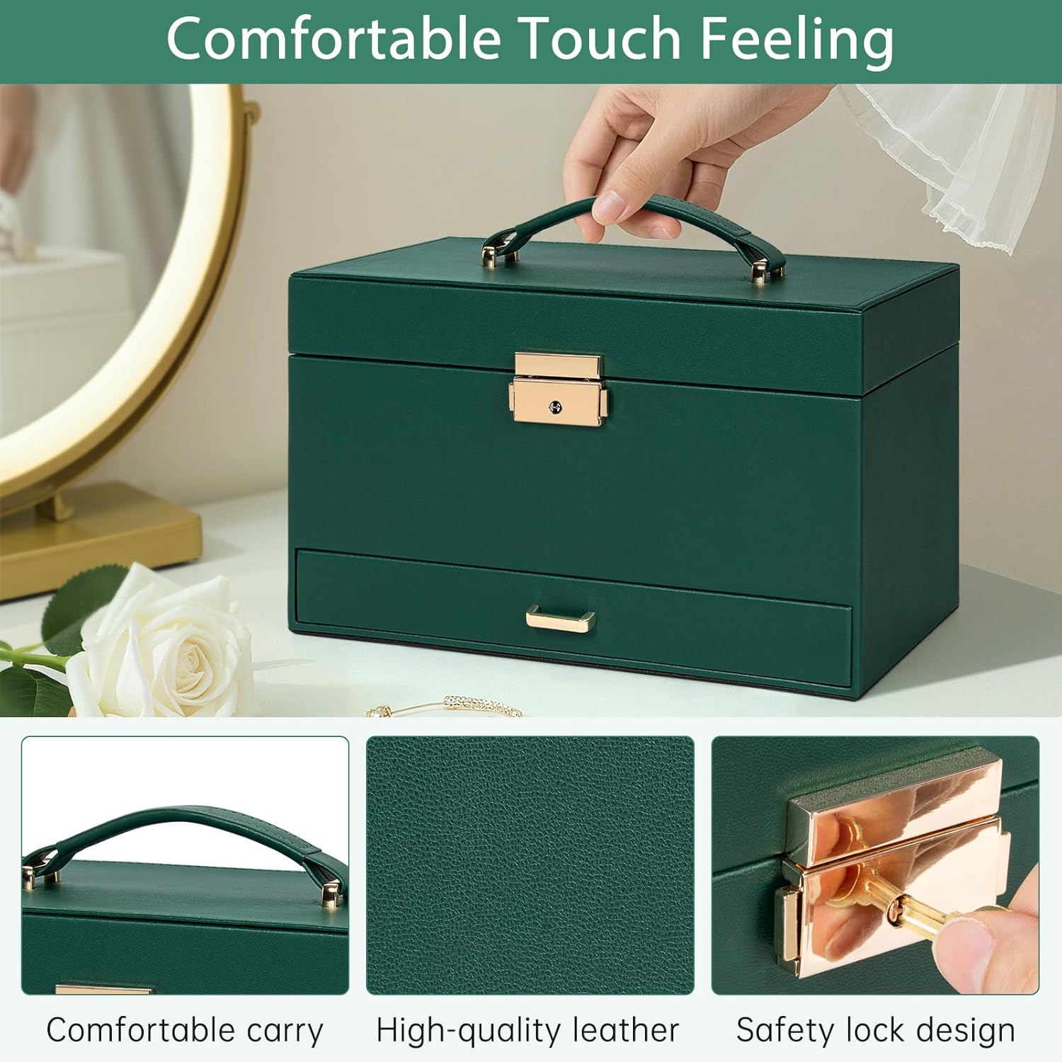 AKOZLIN Travel Jewelry Box Organizer Functional 2-trays Leather Jewelry Storage Case with Lockable Portable Drawer for Women Girls Ring Necklace Earring Bracelet