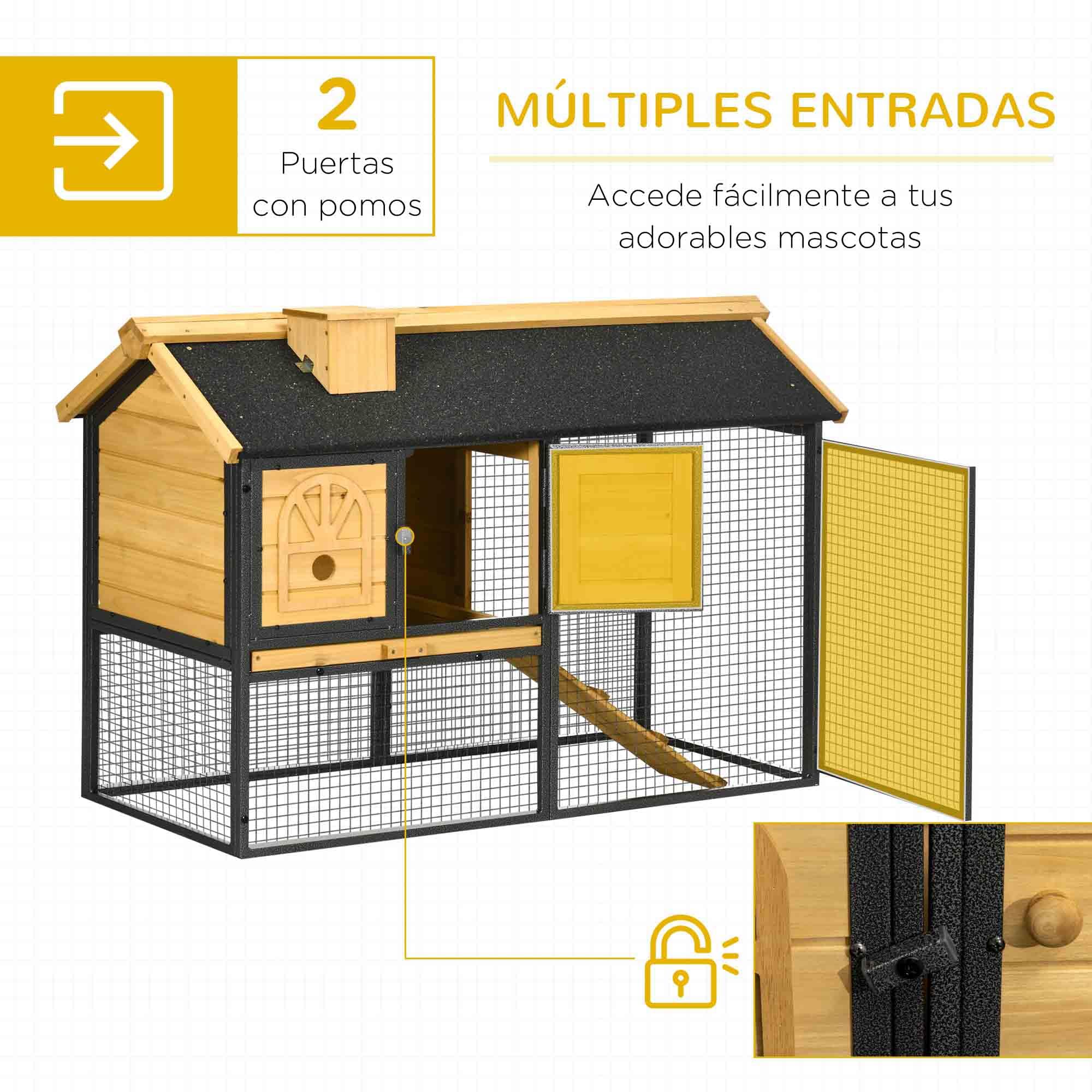 PawHut Conejera de Madera de 2 Niveles Jaula para Conejos con Zona Abierta Techo Asfáltico Bandeja Extraíble Puertas y Rampa Conejera para Exterior 120x55,5x80 cm Natural y Negro