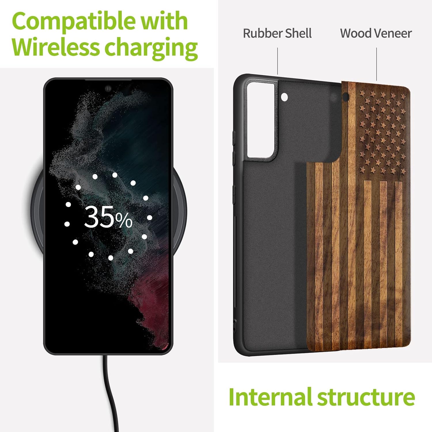 Carveit Wood Case for Galaxy S22 Case [Natural Wood & Black Soft TPU] Shockproof Protective Cover Unique & Classy Wooden Design Compatible with Samsung S22 (American Flag-Walnut)