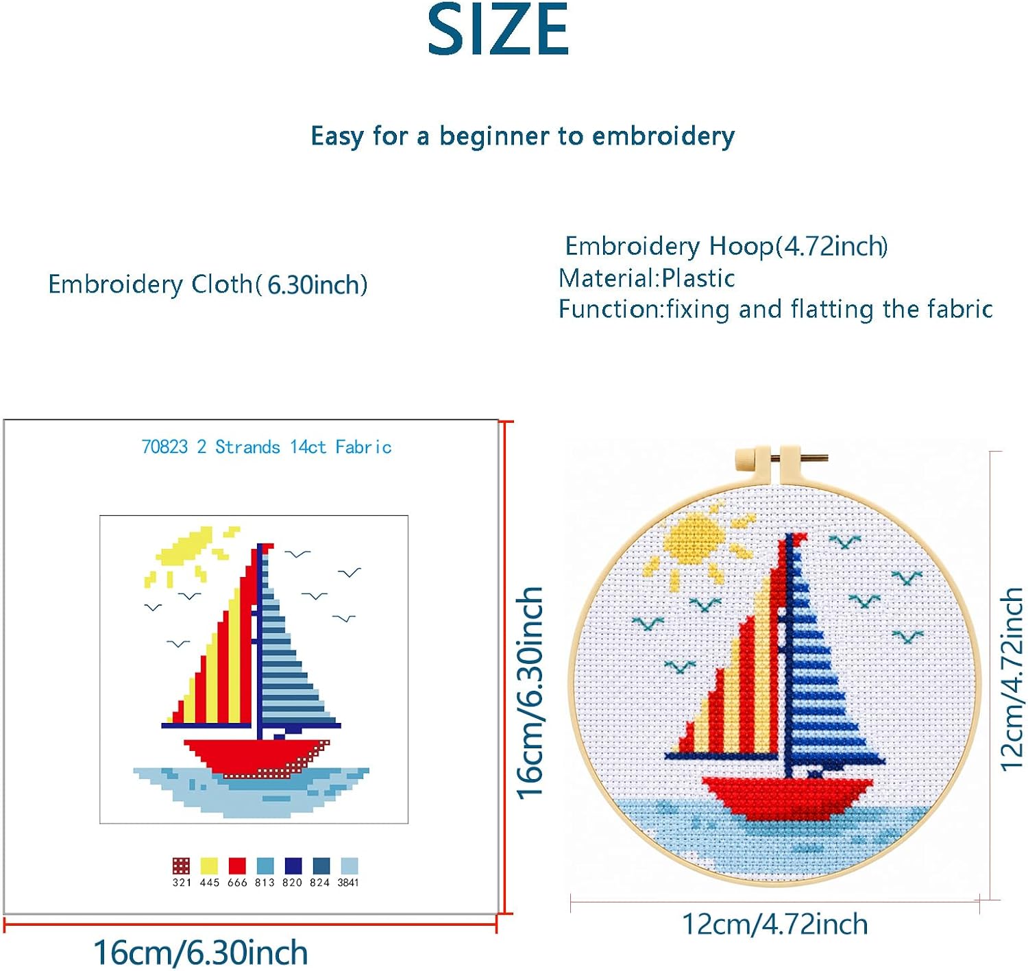 Zhenqing Sailboat Stamped Cross Stitch Kit for Adults and Beginners, 14CT Printed Nautical Pattern with Hoop, Coastal Home Decor, 16 x 16 cm