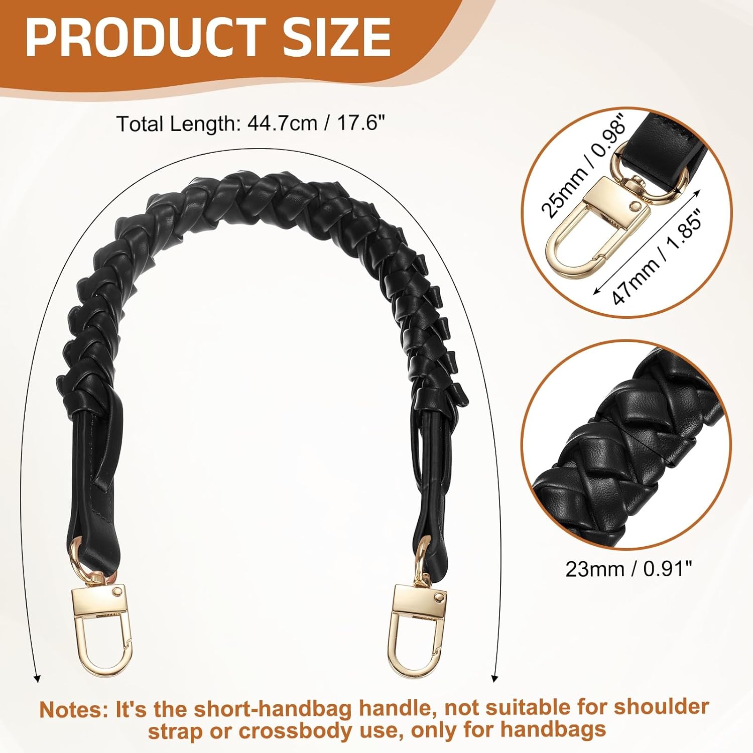 uxcell Braided Purse Strap, 1Pc 44.7cm/17.6" Black PU Leather Replacement Handle, Short Handbag Strap Top Braided Handle with Gold Buckles for Underarm Bags, Handbags, Bucket Bags - Image 2