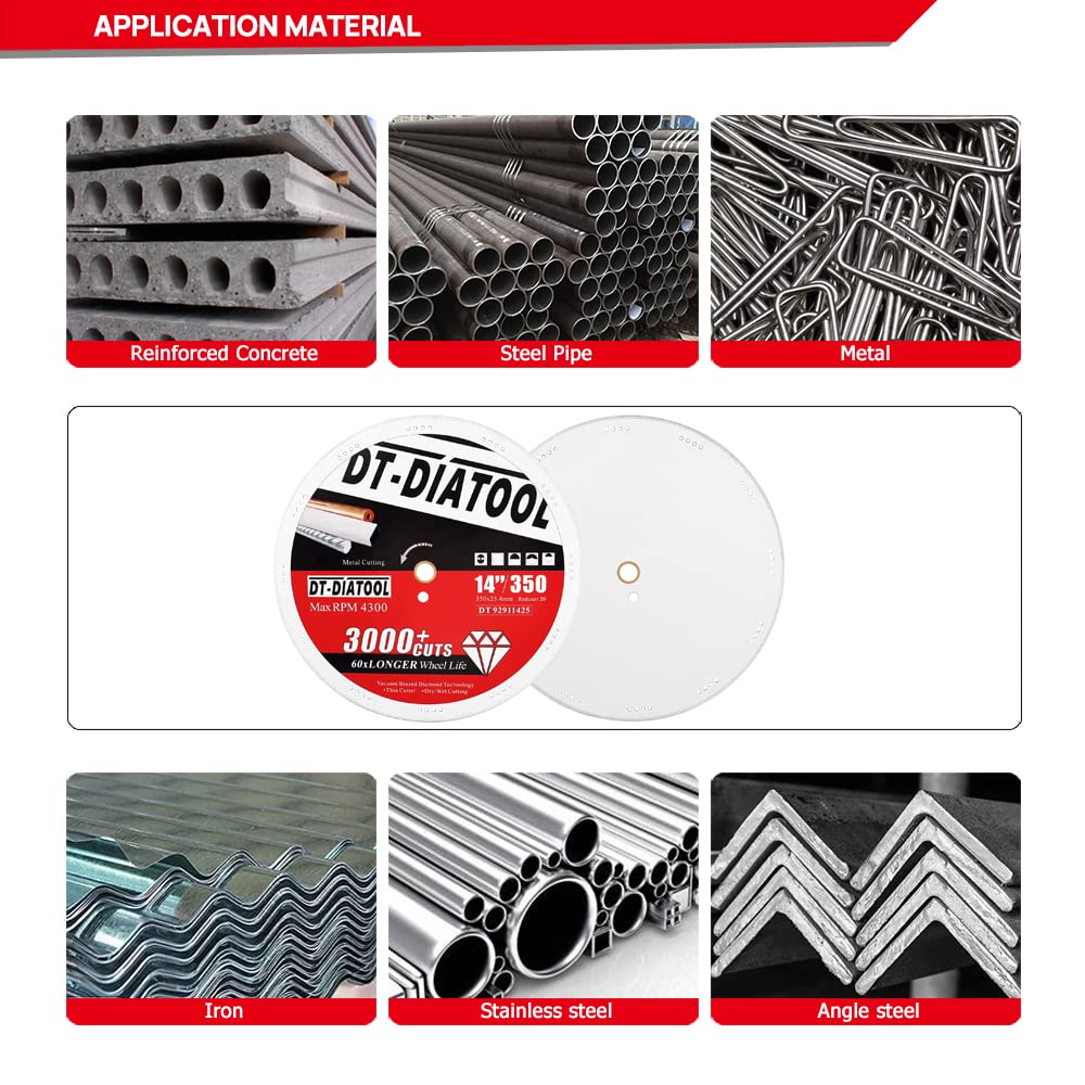 DT-DIATOOL Ruote tagliate a diamante 14 x 1" per lama di taglio in metallo per tondo per cemento armato in ferro d'acciaio per smerigliatrice angolare