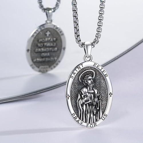 Vista 696 de Collar con colgante de plata de ley 925 con medalla de San Patrón, joyería religiosa para hombres y mujeres, con cadena de acero inoxidable 316L
