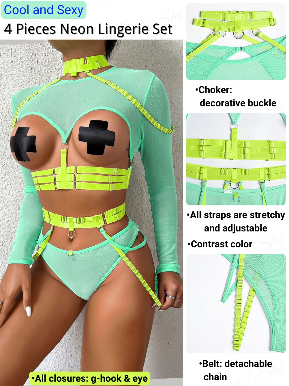 Kaei&Shi Rave Outfit, Adjustable Strappy, Contrast Color, Choker, Chain Belt: Mint-neon Green 12