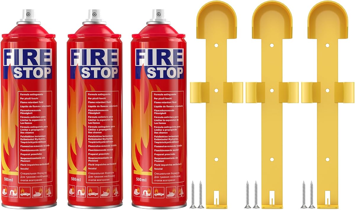 AmzBoom Paquete de 3 extintores de incendios para el hogar, la cocina, el automóvil, el camping y la electrónica, clase ABC/K con soportes, portátil, de larga duración.