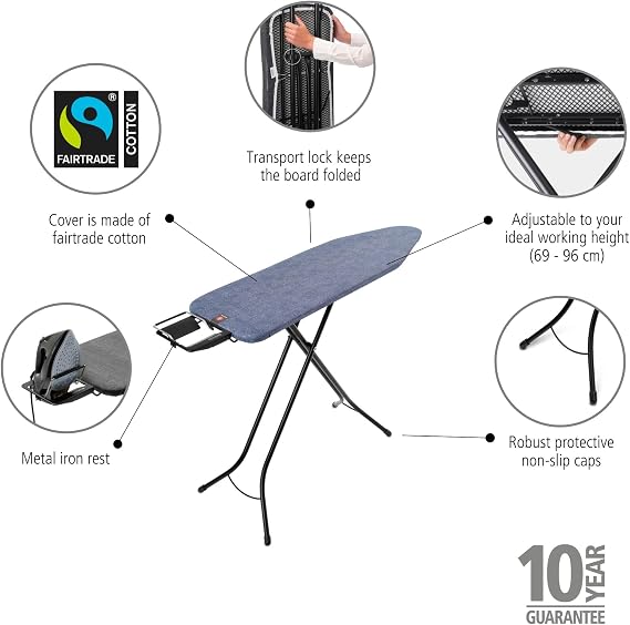 Brabantia Comfort Ironing Board with Left/Right Adjustable Steam Iron Rest | Medium (Size B) | Fairtrade Denim Blue Cover | Adjustable Height (27-38), Easy Fold, Anti-Collapse Lock, Non-Slip Feet