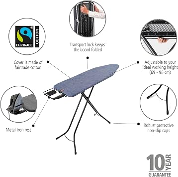 Brabantia Comfort Ironing Board with Left/Right Adjustable Steam Iron Rest | Medium (Size B) | Fairtrade Denim Blue Cover | Adjustable Height (27-38), Easy Fold, Anti-Collapse Lock, Non-Slip Feet