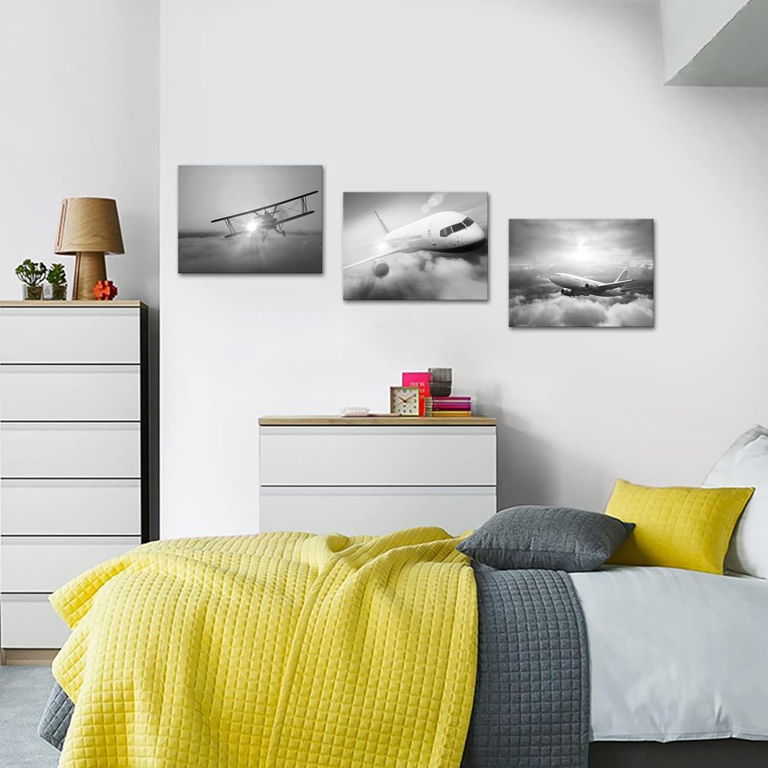 sechars 3 Piece Black and White Plane Wall Art Airplane During Sunset Pictures Photo Giclee Print on Canvas Modern Aircraft Wall Decor for Boy Bedroom Office Living Room Ready to Hang (Small)