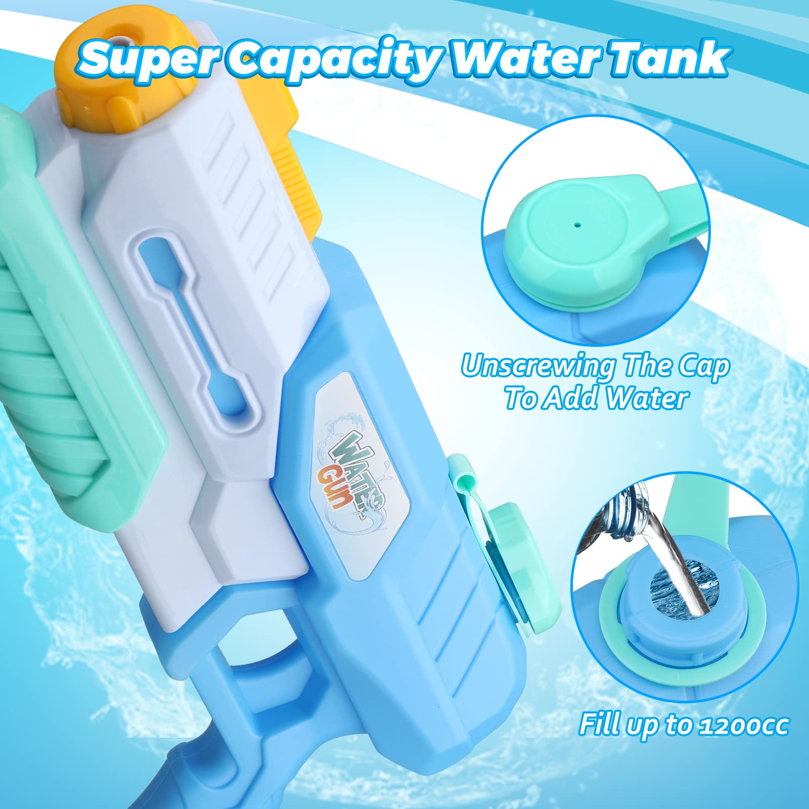 Large Water Guns Toy Set 2 Pack for Kids Adults Cool Water Pistol Squirt for Beach Outdoor Swimimng Pool 1200 CC Water Blaster For Boy Girl Pool Party Favors Supplies Blue - Image 2