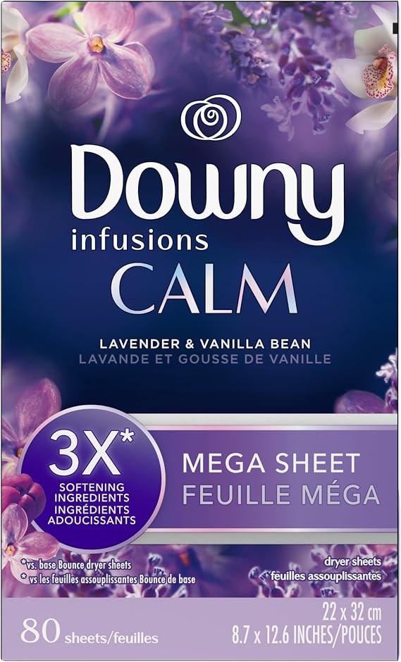 Downy Calm Fabric Softener Sheets for Dryers, Lavender & Vanilla, Mega Size, 80 Sheets