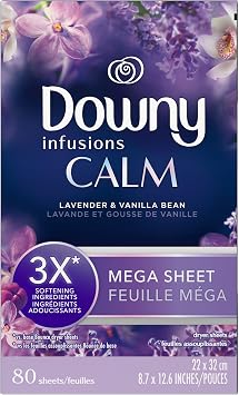 Downy Calm Fabric Softener Sheets for Dryers, Lavender & Vanilla, Mega Size, 80 Sheets