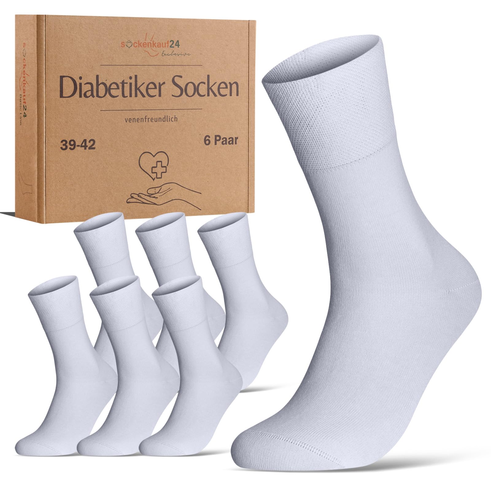 sockenkauf24 Diabetic socks without elastic waistband and seamless, 97% cotton (6 pairs), diabetic socks with comfort waistband for men and women, White, 43-46
