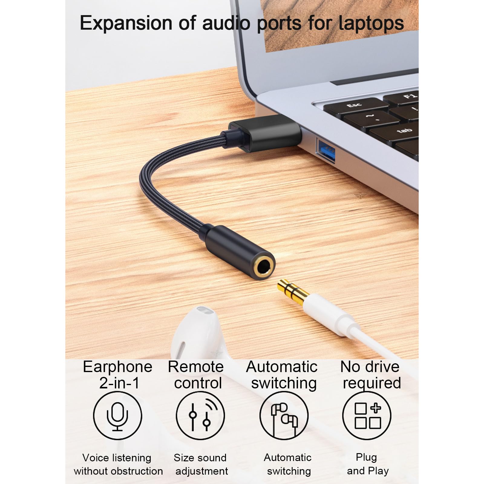 Adapter audio USB na jack 3,5 mm, zewnętrzna karta dźwiękowa USB, złącze TRRS, kompatybilne z słuchawkami, komputerem, laptopem, komputerem stacjonarnym, PS4
