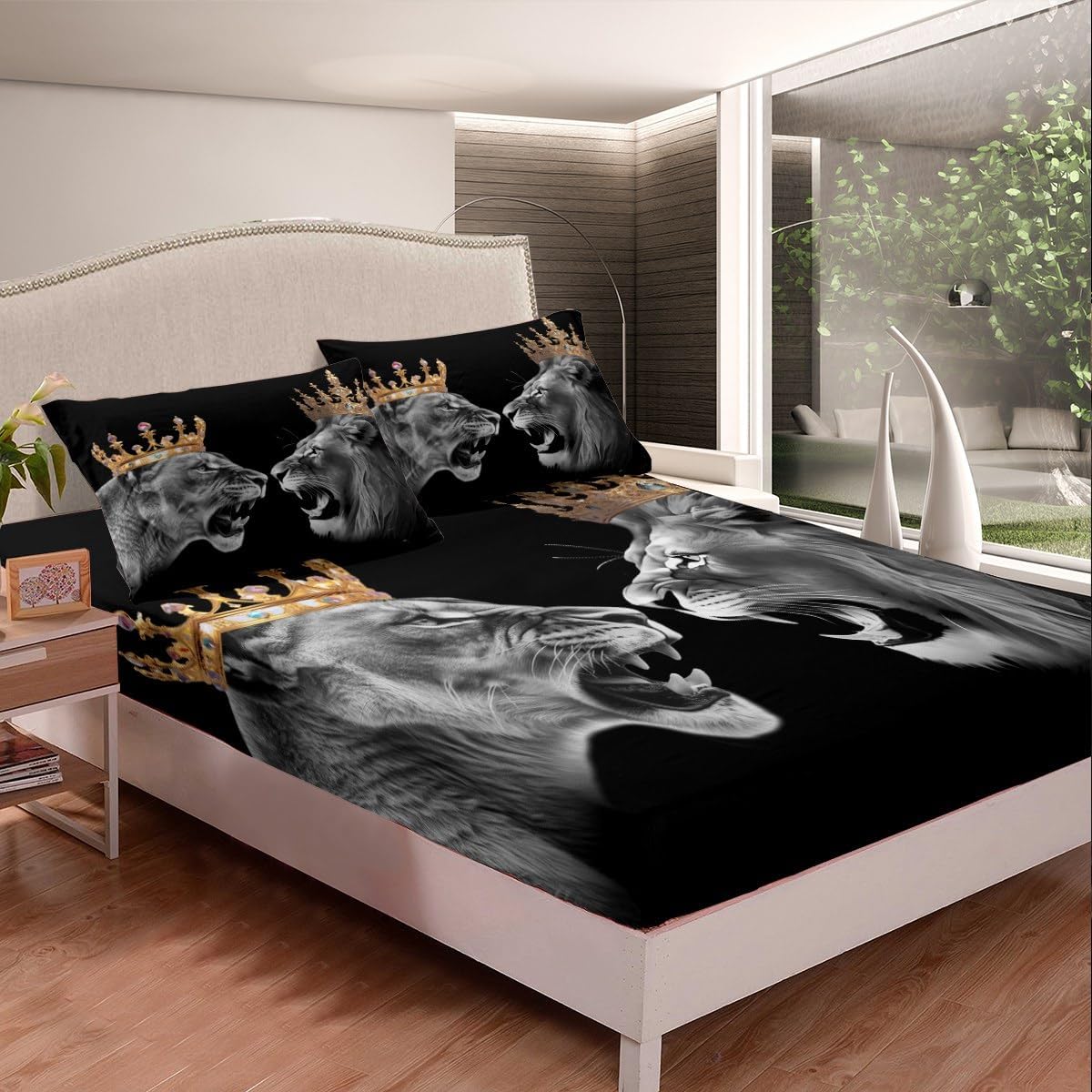 Erosebridal Wild Lion Couple King Size Sheet Sets King and Queen Bed Sheets Set for Women Men Bedroom Gift,Gold Crown Bed Set Safari African Animal Top Sheet Home Decor,Grey Black 4pcs