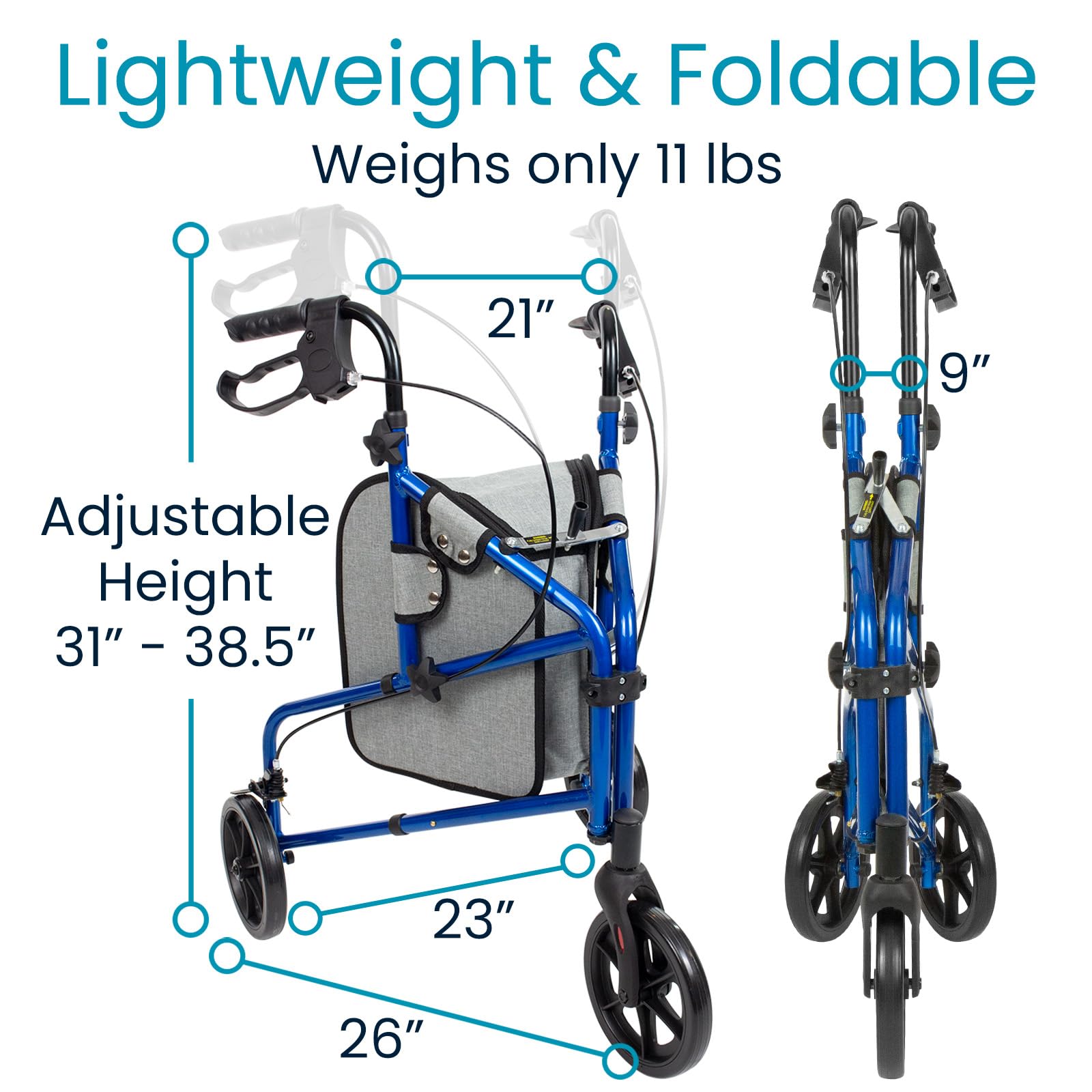 Vive Mobility Andador con ruedas de 3 ruedas, ligero y plegable para personas mayores, hombres y mujeres, plegable, resistente, de tres ruedas, para uso en interiores y exteriores (azul)