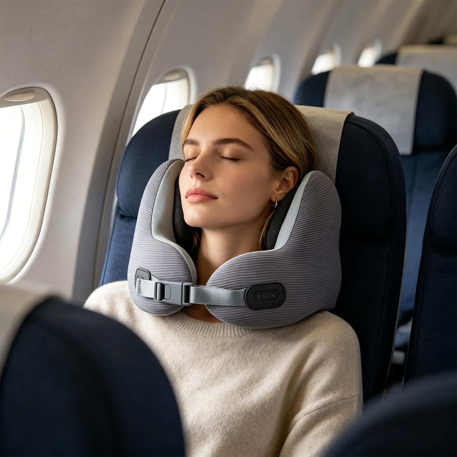 La almohada cervical de viaje con forma incluye fundas desmontables para las orejas y almohada de cuello ajustable de espuma viscoelástica para aliviar la presión