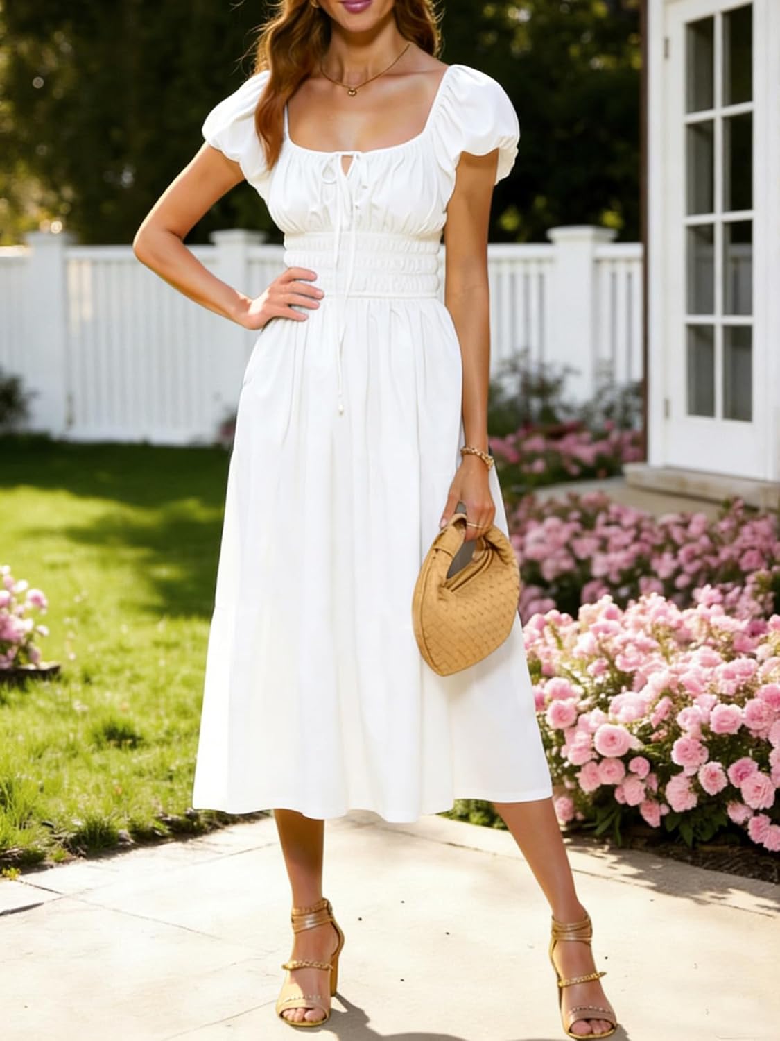 Yousify Women's Summer Dresses 2026 Short Puff Sleeve Midi Dress Casual Scoop Neck A Line Sundress with Pockets - Image 6