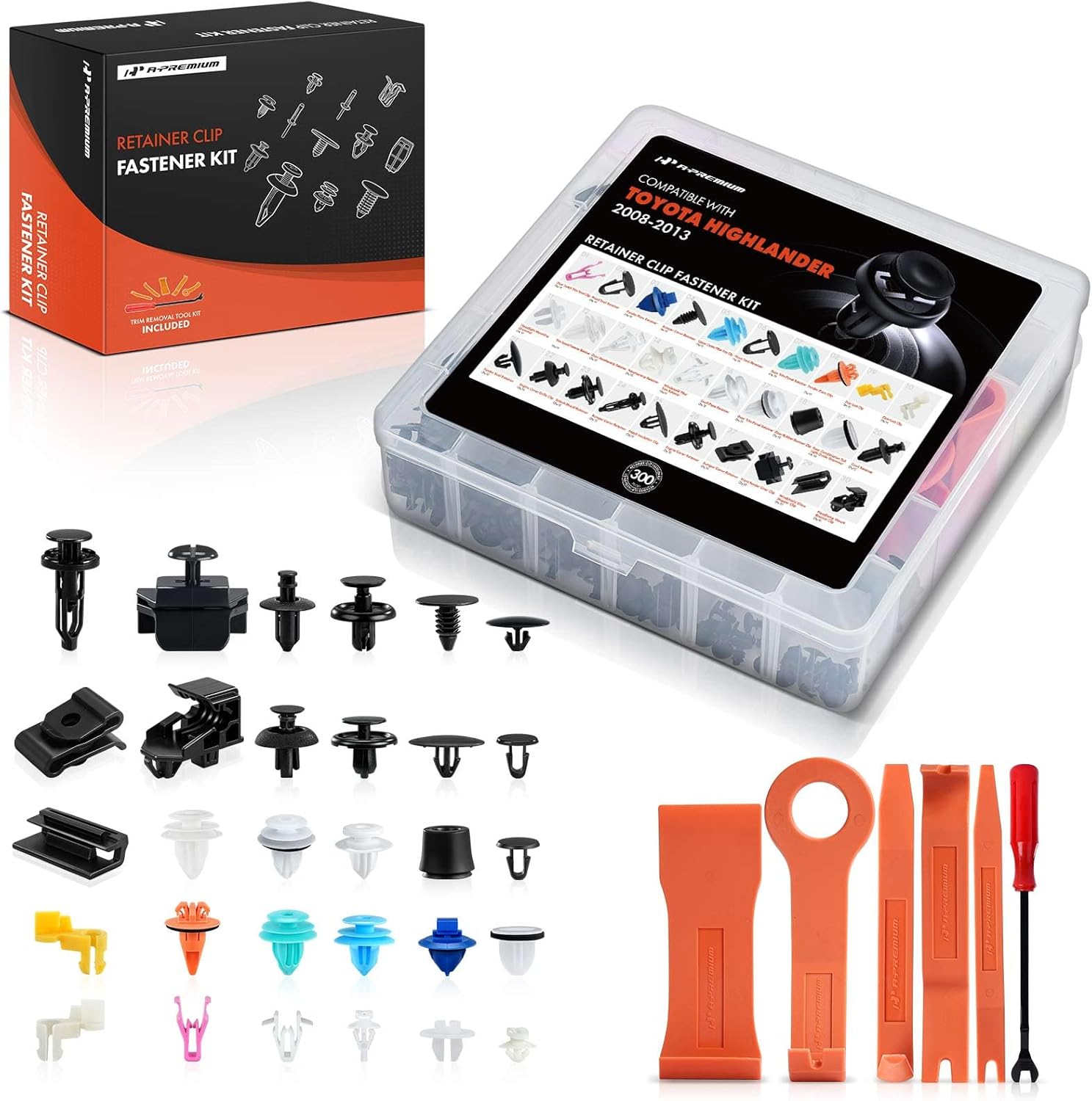 A-Premium 300 PCS 30 Sizes Car Retainer Clips Kit Compatible with Toyota Highlander 2008-2013 Bumper Fender Hood Door Trim Auto Push Pin Plastic Rivet Fastener Replacement Set, w/Removal Tool