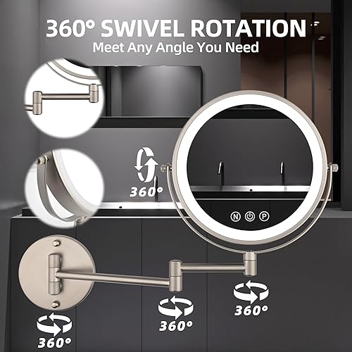 Miniatura 7 de Espejo de maquillaje iluminado de pared de 9 pulgadas con aumento, espejo de aumento 1X10X con luz, LED de 3 colores regulables de 2000 mAh