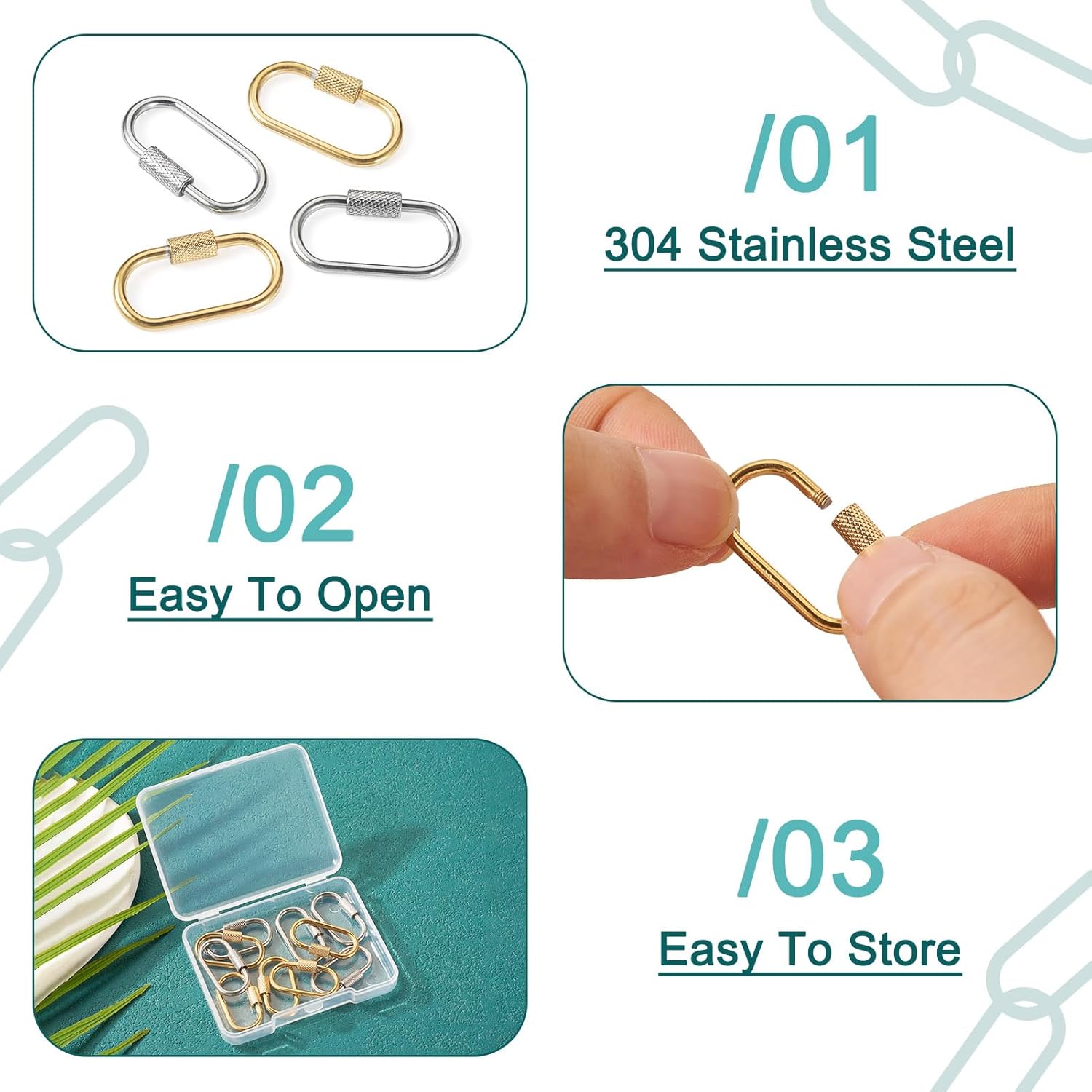 Pandahall 10Pcs Stainless Steel Screw Carabiner Lock Charms 2 Colors Oval Jewelry Carabiner Necklace Clasps for DIY Keychain Jewelry Making, 26x14x4mm - Image 5