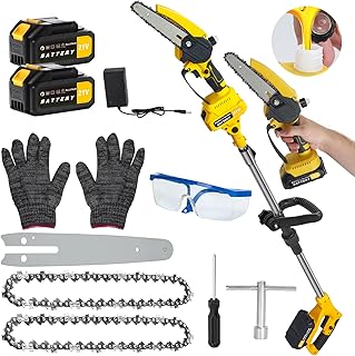 2-in-1 Electric Pole Saws for Tree Trimming, 6 Inch Mini Chainsaw Cordless with Extension Pole, Battery Powered Pole Chain Saw, Tree Trimmer Limb Branch Cutter Pruner with 2 Battery & Charger (Yellow)