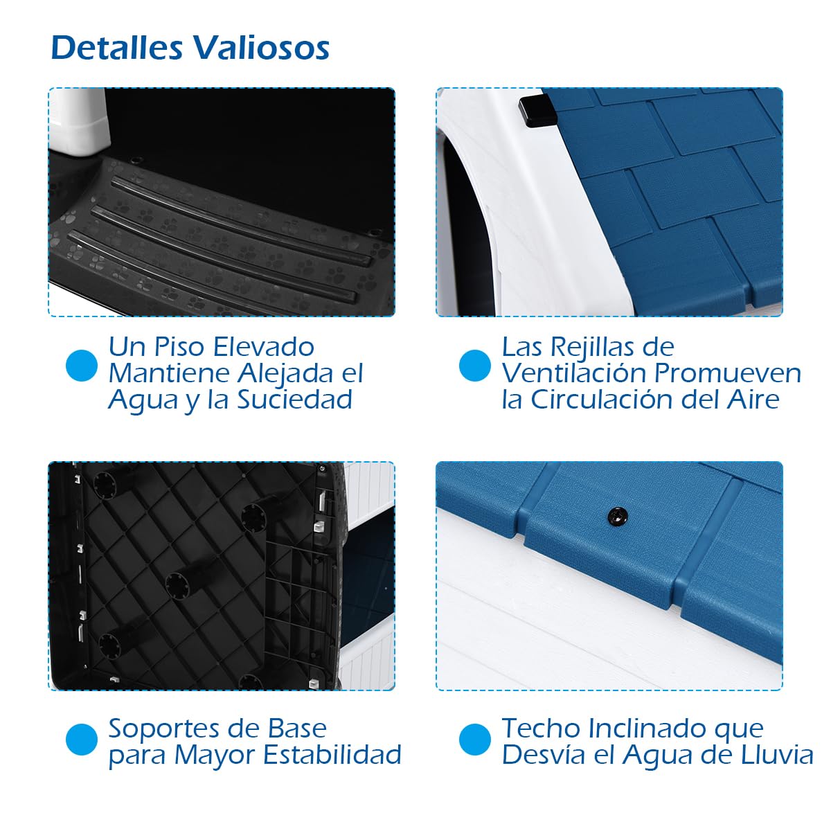 GYMAX Casa Perro, Caseta para Perros Exterior para Pequeños y Medianos, 72,5 x 66 x 70,5 cm con Suelo Elevado, Sistema de Ventilación y Estacas de Anclaje, Blanco + Azul