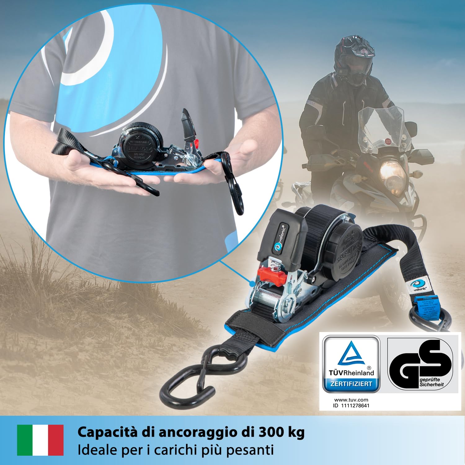 valonic PANDA - 2x 5m Cinghie di fissaggio automatiche con gancio a moschettone, 25mm, 300/600 Kg, imbottite, certificate TÜV Rheinl. e GS, EN 12195-2 - con cricchetto, nero
