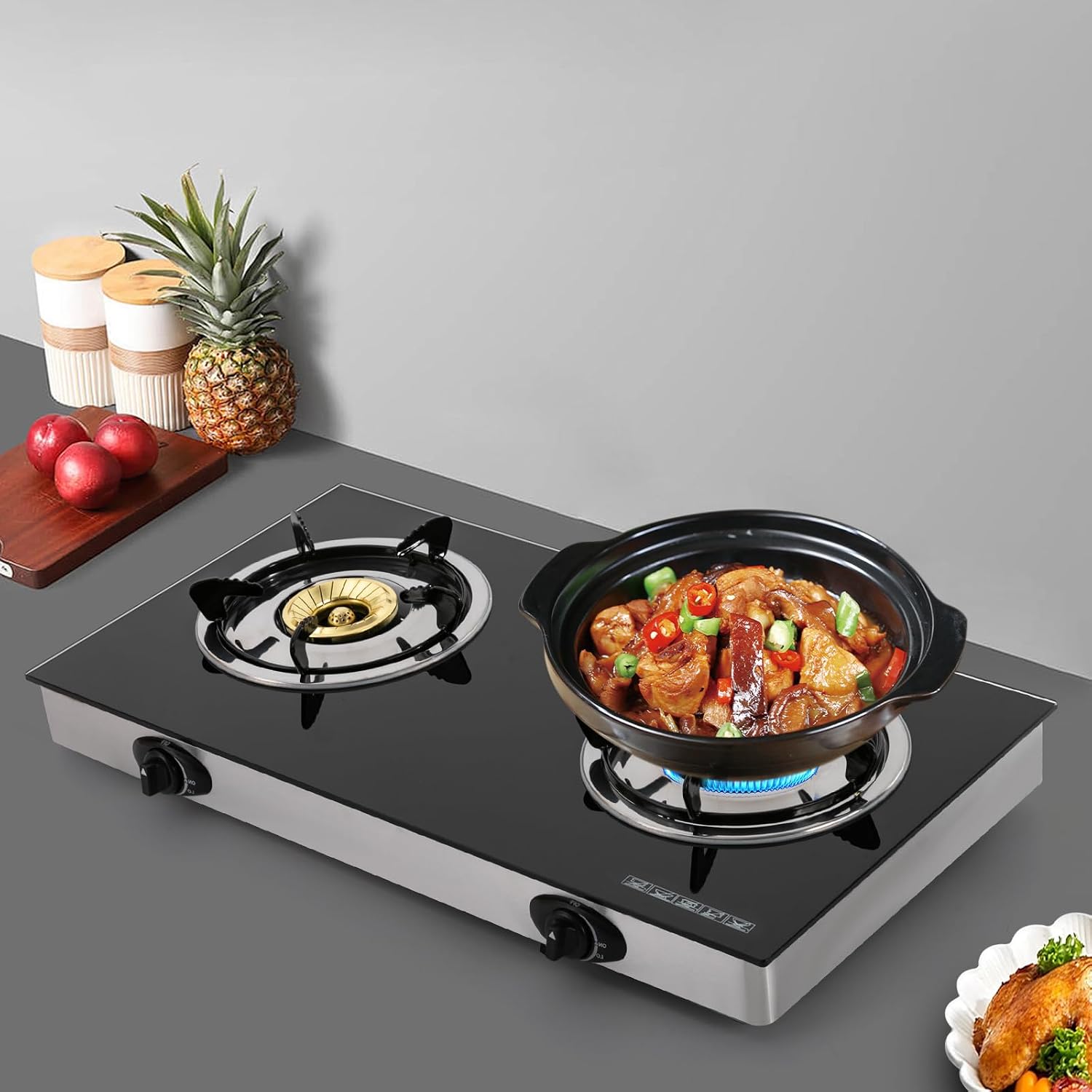 28" Portable LPG Gas Cooktop - 2 Burner Countertop Stove with Strong Flame, Tempered Glass, Dual Fuel, Ideal for RVs, Apartments, Camping, and Outdoor Cooking
