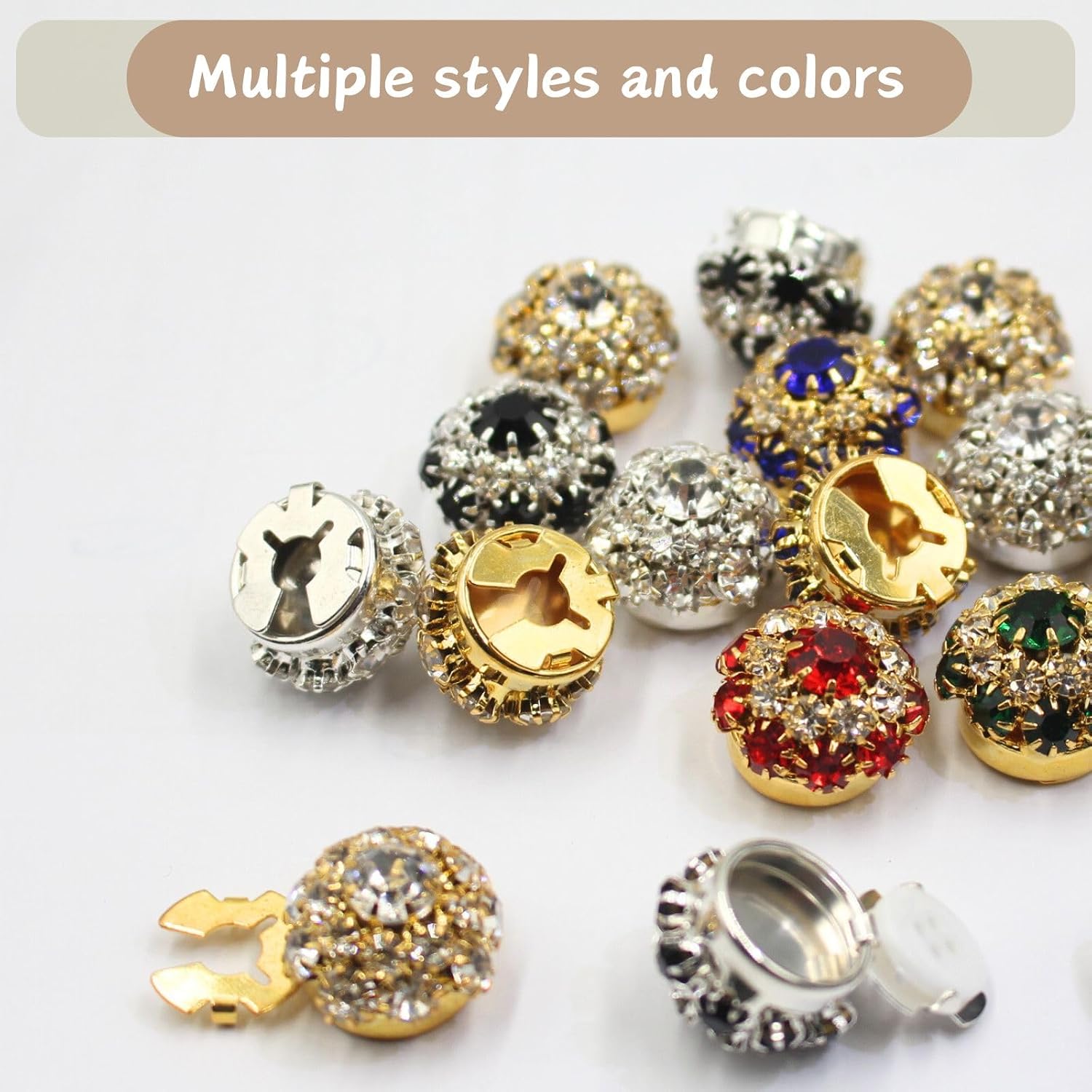 PEARLY JUN Button Covers for Women Blouses 6 Sets, 10 Pcs 18L 11.5MM 15/32” Sewing Buttons, Silver Rhinestone White Crystal Buttons for Women Suitable Sewing DIY and Holiday Decoration Embellishments