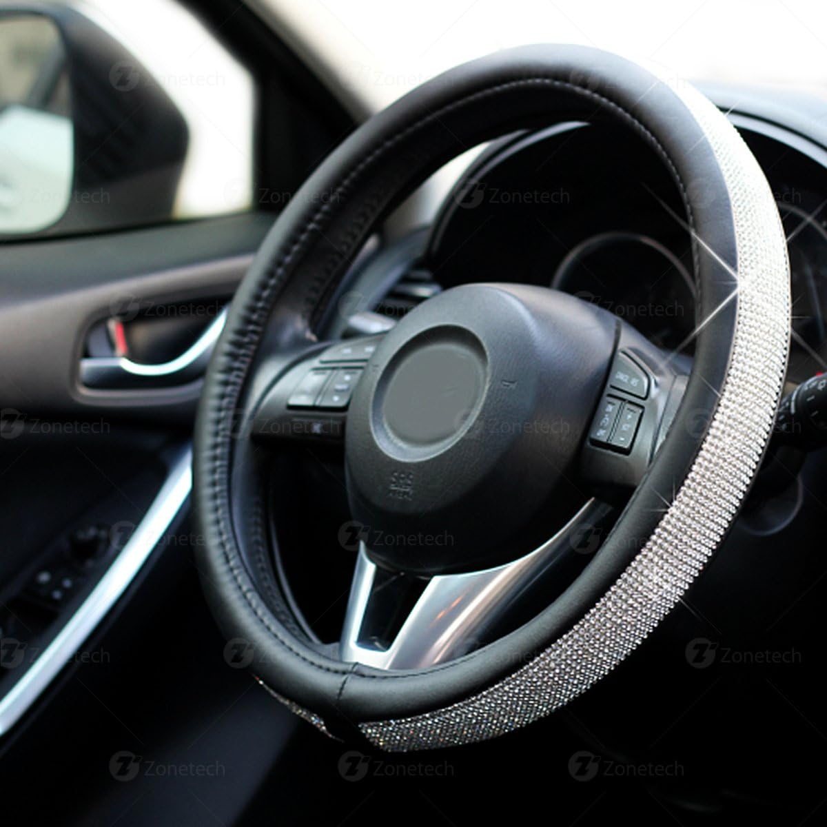 Car Crystal Bling Wheel Cover- Zone Tech Shiny Steering Wheels- Anti-Slip Rhinestones PU Leather Backing- Bling Shiny Diamond Wheel Protector