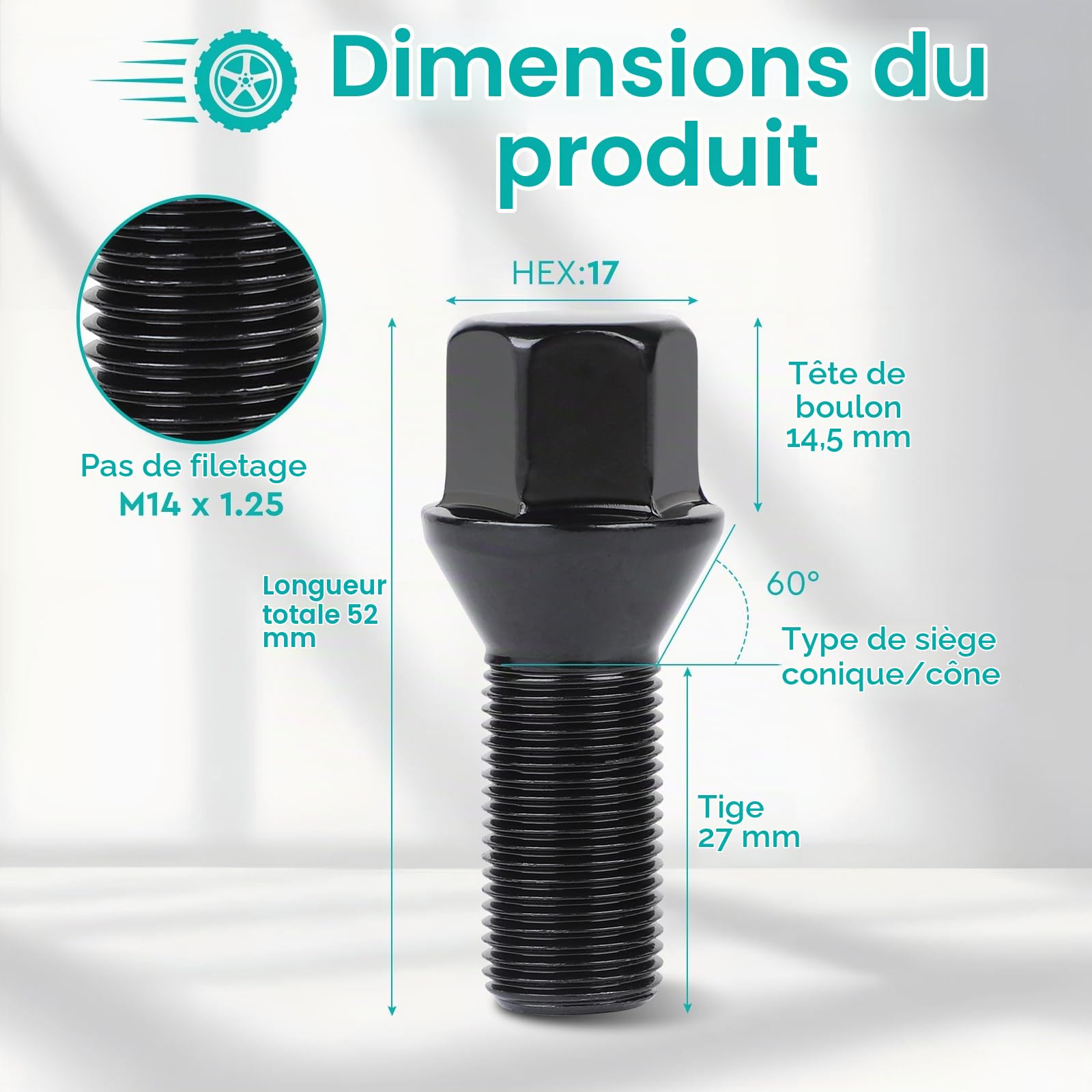 EFUTURETIME Lot de 20 Boulons de Roue, M14 x 1,25, 27 mm, Cône 60°, Goujons de Roue Clé 17 mm, Compatibles avec BMW Série 1, Série 3 et Série 5